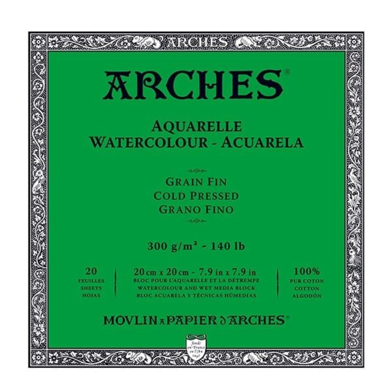 Arches Watercolor Block 7.9""x7.9"", 140lb Cold Press, 20 Sheets